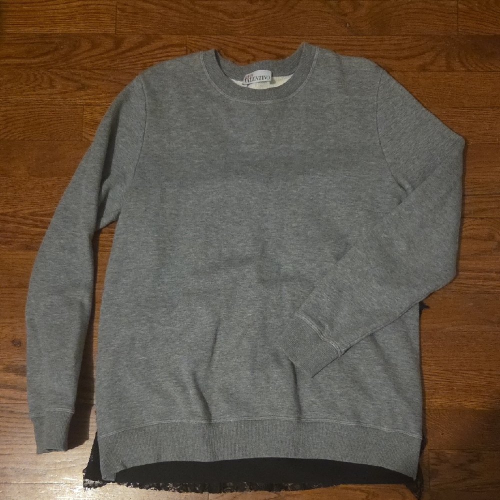 Valentino Gray Crewneck Pullover Sweater With Pleated Lace Back